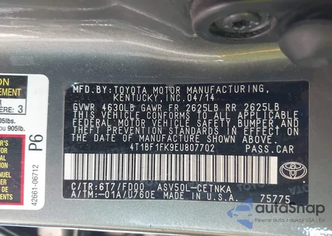 2014 Toyota Camry Le z USA, uszkodzony, nr VIN 4T1BF1FK9EU807702